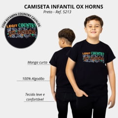 Camiseta Infantil Ox Horns Preta Manga Curta Com Logo Escrito Em Laranja Ref:5213