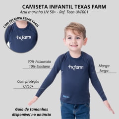 Camiseta Infantil Texas Farm  Azul Marinho Manga Longa UV50+ Com Logo Em Branco Ref:UVMINI 0001/ UVTEEN001