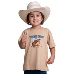 Camiseta Infantil Texas Farm Manga Curta Bege Areia Estampa Cowboy No Cavalo Ref: CIM062