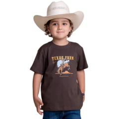 Camiseta Infantil Texas Farm Manga Curta Marrom Café Estampa Cowboy No Cavalo Ref: CIM062
