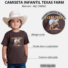 Camiseta Infantil Texas Farm Manga Curta Marrom Café Estampa Cowboy No Cavalo Ref: CIM062