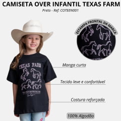 Camiseta Infantil Texas Farm Over Mini Fun Preto Manga Curta Estampa Cavalos Ref: COTEEN001