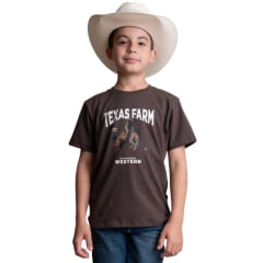 Camiseta Infantil Texas Farm Play Manga Curta Marrom Café Estampa Cowboy Ref: CTM030