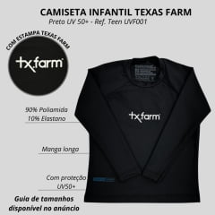 Camiseta Infantil Texas Farm Preta Manga Longa UV50+ Com Logo Em Branco Ref:UVMINI 0001/ UVTEEN001