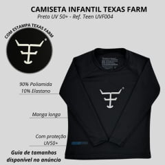 Camiseta Infantil Texas Farm Preta Manga Longa UV50+ Com Logo Símbolo Em Branco Ref:UVMINI 0004/ UVTEEN004