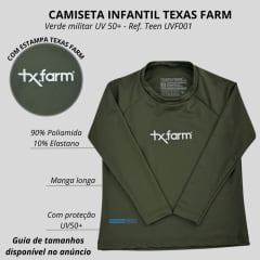 Camiseta Infantil Texas Farm Verde Militar Manga Longa UV50+ Com Logo Em Branco Ref:UVMINI 0001/ UVTEEN001