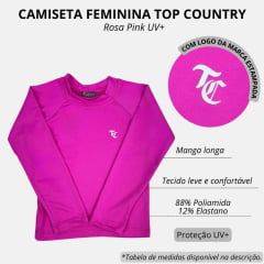 Camiseta Infantil Top Country Pink Manga Longa UV+ Com Logo Branco