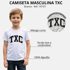 Camiseta Infantil TXC Custom Regular Meia Malha Penteada Branca Logo Preto Ref: 19737i