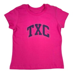 Camiseta Infantil TXC Feminina Rosa Pink Manga Curta Slim Custom Com Logo Azul e Brilho de Strass Ref.50950I