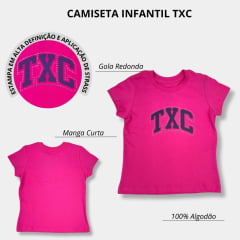 Camiseta Infantil TXC Feminina Rosa Pink Manga Curta Slim Custom Com Logo Azul e Brilho de Strass Ref.50950I