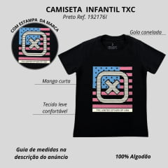 Camiseta Infantil TXC Preta Manga Curta Regular Custom Com Logo Estampada Em Azul/Bordô Ref:192176I