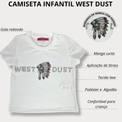 Camiseta Infantil West Dust Baby Look Manga Curta Branca Com Cocar Bordado Com Pedras Ref.BL292779