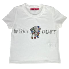 Camiseta Infantil West Dust Baby Look Manga Curta Branca Com Cocar Bordado Com Pedras Ref.BL292779