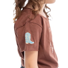 Camiseta Infantil Zenz Western Manga Curta TShirt Kids Little Cowgirl Marrom Com Brilho ZWO0125012-1445