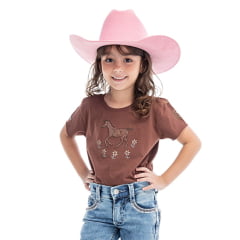 Camiseta Infantil Zenz Western Manga Curta TShirt Kids Little Cowgirl Marrom Com Brilho ZWO0125012-1445