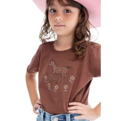 Camiseta Infantil Zenz Western Manga Curta TShirt Kids Little Cowgirl Marrom Com Brilho ZWO0125012-1445