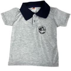 Camiseta Polo Infantil Sentinela Cinza Claro Com Gola Azul Marinho Cavalo Crioulo