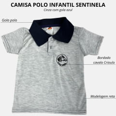 Camiseta Polo Infantil Sentinela Cinza Claro Com Gola Azul Marinho Cavalo Crioulo