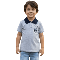 Camiseta Polo Infantil Sentinela Cinza Claro Com Gola Azul Marinho Cavalo Crioulo