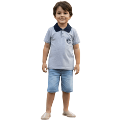 Camiseta Polo Infantil Sentinela Cinza Claro Com Gola Azul Marinho Cavalo Crioulo