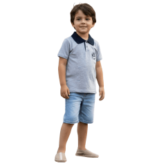 Camiseta Polo Infantil Sentinela Cinza Claro Com Gola Azul Marinho Cavalo Crioulo