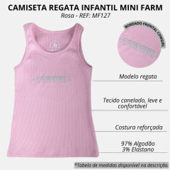 Camiseta Regata Infantil Mini Farm Cor Rosa Com Bordado Cowgirl Prata REF: MF127