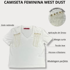 Camiseta T-Shirt Infantil Feminina West Dust Off White Com Pedras Brilhantes e Franjas Nos Ombros Ref.TS29358