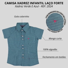 Camisa Infantil Laço Forte Manga Curta Xadrez Verde/ Azul Com Logo Pink REF: 2024