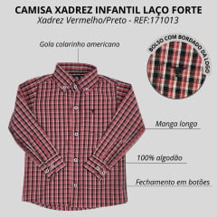 Camisa Infantil Laço Forte Manga Longa Xadrez Vermelho/Preto Com Logo Preto REF: 171013