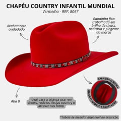 Chapéu Country Infantil Mundial Americano Aveludado Vermelho Banda Strass REF: 8067