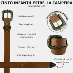 Cinto Infantil Estrella Campeira Feminino Veneza Couro Caramelo Fivela Ponteira E Passador Bronze Ref:1540