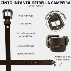 Cinto Infantil Estrella Campeira Feminino Veneza Couro Marrom Escuro Fivela Ponteira E Passador Bronze Ref:1540