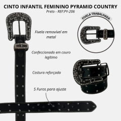 Cinto Infantil Feminino Pyramid Country Couro Preto Com Strass REF:PY-206