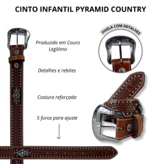 Cinto Infantil Masculino Pyramid Country Couro Marrom Balaiado Com Cravo Aplicado 3,5cm Com Fivela Prata Ref.301