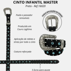 Cinto Infantil Master Couro Preto Com Pedras Azul Detalhes em Prata e Fivela Com Strass Ref.16020