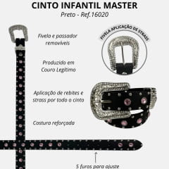 Cinto Infantil Master Couro Preto Com Pedras Rosa Detalhes em Prata e Fivela Com Strass Ref.16020