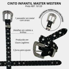 Cinto Infantil Master Western Couro Preto Com Strass E Fivela Prata Com Strass REF: 16120