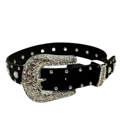 Cinto Infantil Master Western Couro Preto Com Strass E Fivela Prata Com Strass REF: 16120