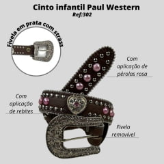 Cinto Infantil Paul Western Couro Marrom Com Detalhes De Pedra Rosa E Coração Com Strass Ref:302