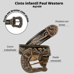 Cinto Infantil Paul Western Marrom Batido Ramo Com Fivela E Ponteira Strass Ref:430