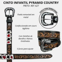 Cinto Infantil Pyramid Country 100% Couro Preto Bordado Baralho e Ramo Ref.Py-627