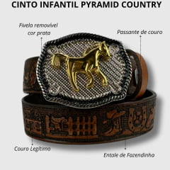 Cinto Infantil Pyramid Country Couro Marrom Havana Fazendinha Com Fivela Cavalinho Dourado - Ref.521