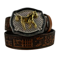 Cinto Infantil Pyramid Country Couro Marrom Havana Fazendinha Com Fivela Cavalinho Dourado - Ref.521 Cinto Infantil Pyramid Country Couro Marrom Havana Fazendinha Com Fivela Cavalinho Dourado - Ref.521
