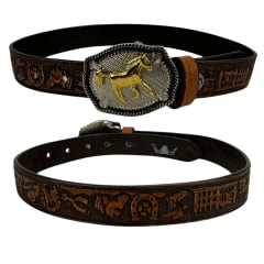 Cinto Infantil Pyramid Country Couro Marrom Havana Fazendinha Com Fivela Cavalinho Dourado - Ref.521