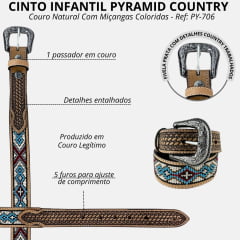 Cinto Infantil Pyramid Country Couro Natural Miçangas Coloridas Entalhado Balaio Fivela Prata Ref: PY-706