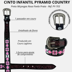 Cinto Infantil Pyramid Country Couro Preto Miçangas Rosa Fivela Prata Ref: PY-703