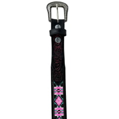 Cinto Infantil Pyramid Country Couro Preto Miçangas Rosa Fivela Prata Ref: PY-703