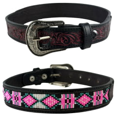 Cinto Infantil Pyramid Country Couro Preto Miçangas Rosa Fivela Prata Ref: PY-703