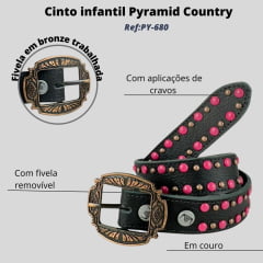 Cinto infantil Pyramid Country Couro Preto Liso Com Cravos Coloridos Ref:PY-680