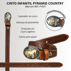 Cinto Infantil Pyramid Country Marrom Couro Boiadeiro Fazendinha 2,5 cm Com Fivela De Cavalo REF: PY501